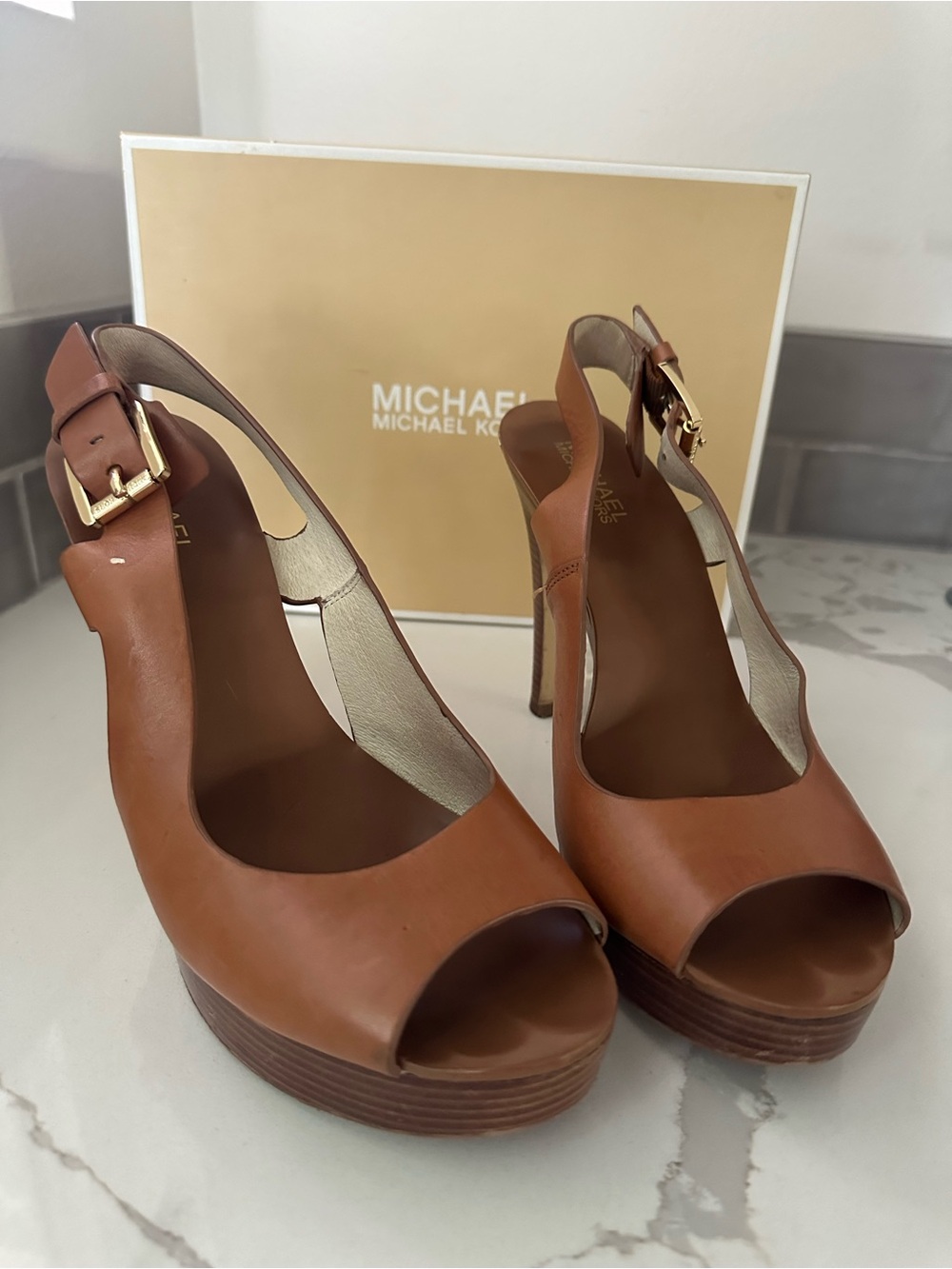 Michael Kors Brown Leather Platform Slingback Heels with Gold Buckles